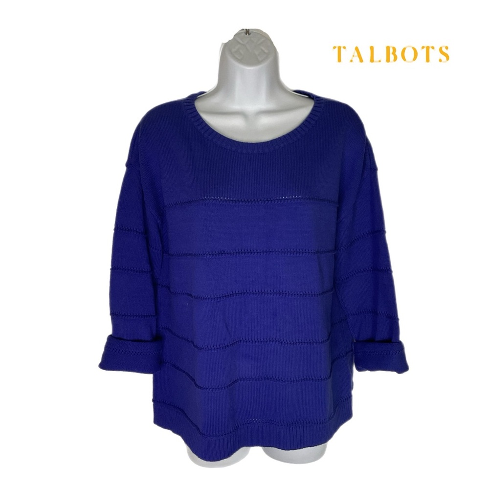 Talbots L Petite Sweater Cable Knit Royal Blue Pullover Sweater Office